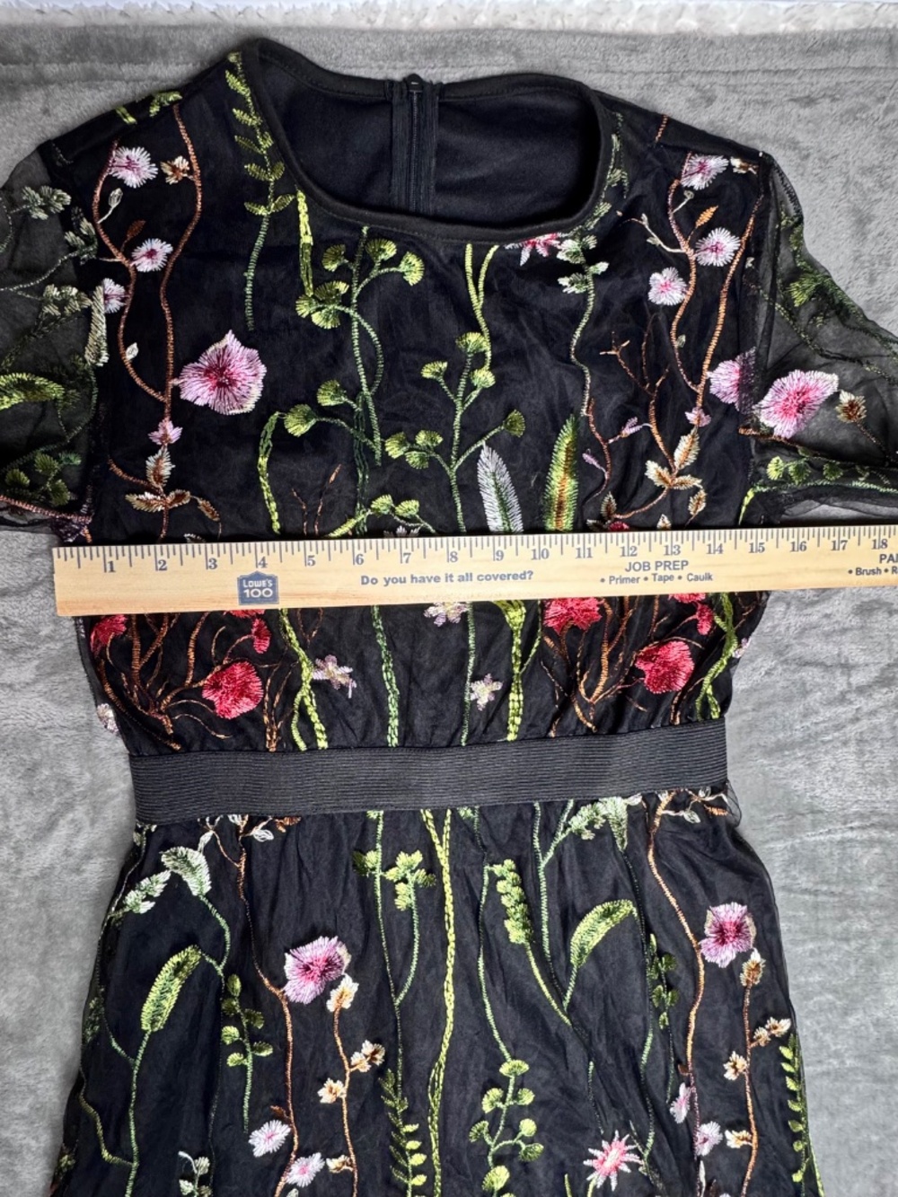 Black Embroidered Floral Mesh Dress Sheer Sleeve Boho Cottagecore Small - Picture 7 of 10